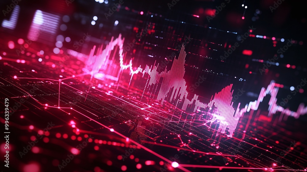 Poster abstract digital data visualization with vibrant pink and red graph lines showcasing market trends.