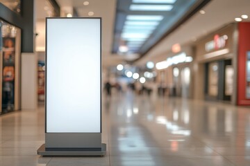 Blank sign in bright mall, shopping walkway, modern retail space, blurred stores and people in background, indoor lighting.