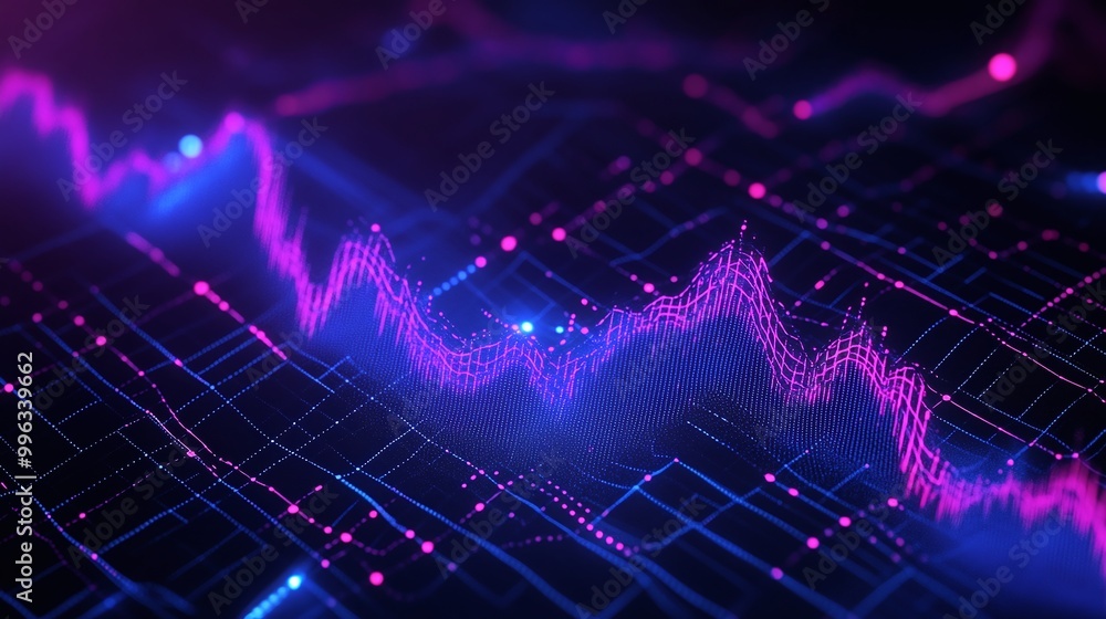 Poster abstract digital data visualization with vibrant purple and blue wave patterns on a dark background.