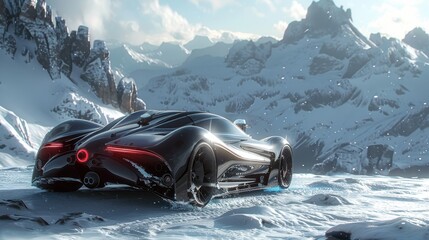 Futuristic modern luxury sports car with custom tuning in the snowy mountains