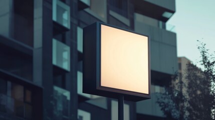 Fototapeta premium Urban sign in empty frame, modern building backdrop, soft lighting, tranquil evening atmosphere, architectural focus.