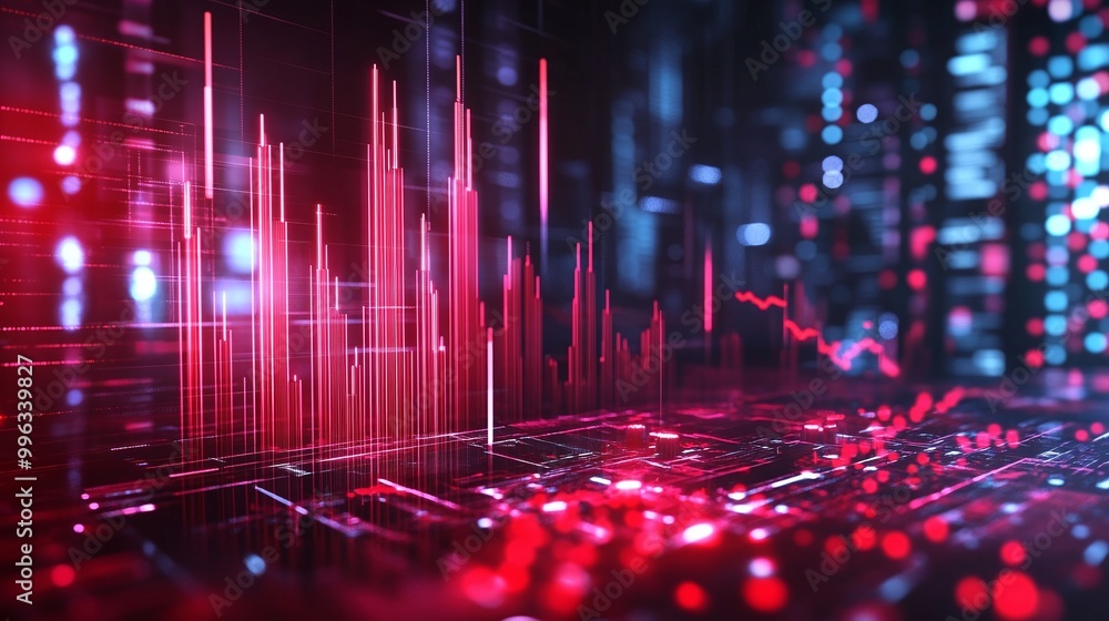 Poster abstract digital data visualization with vibrant red and blue tones representing fluctuating statist