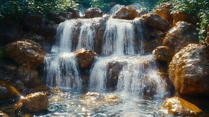 A serene waterfall cascading over rocks, surrounded by lush greenery.