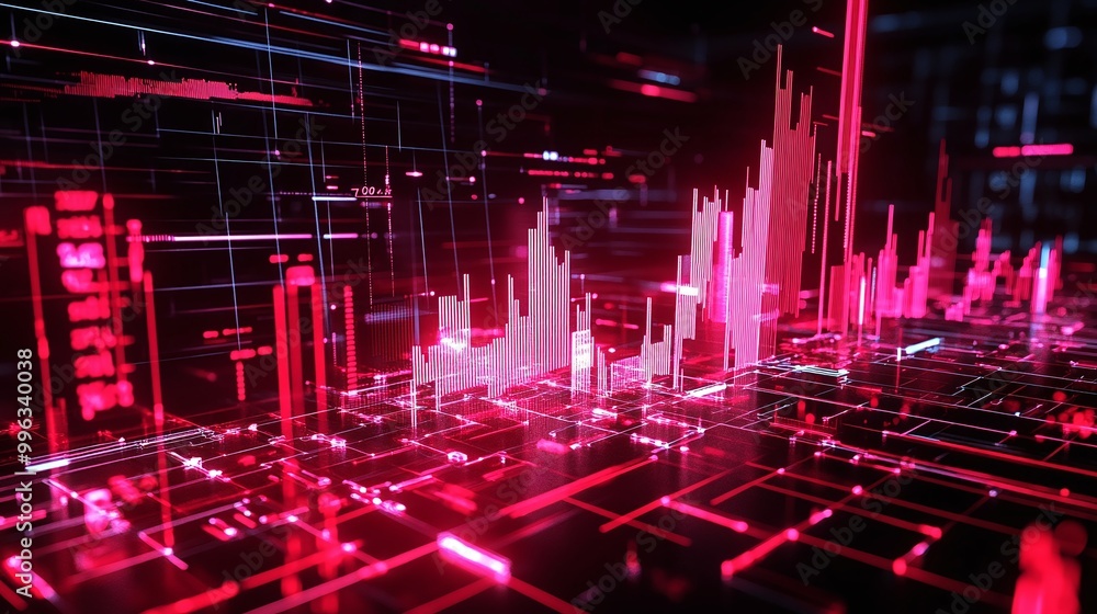 Poster abstract digital data visualization with vibrant red and pink elements on a dark background.