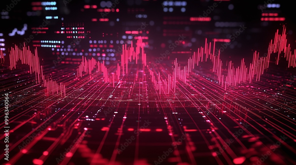 Poster abstract digital data visualization with vibrant red graphs and indicators on a dark background.