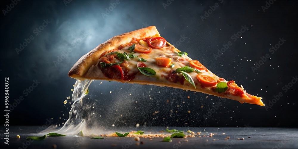 Poster a slice of pizza falling dark background generative ai