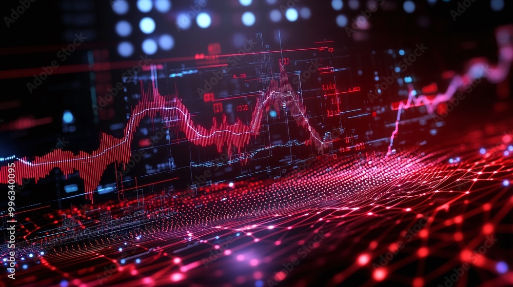 Poster abstract digital data visualization with vibrant red and blue tones, representing fluctuating statis