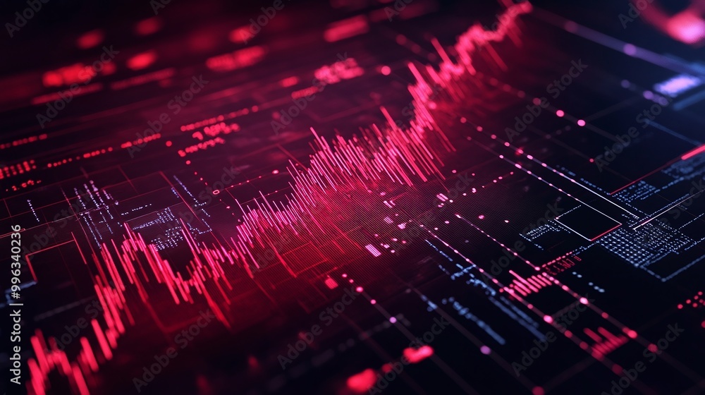 Poster abstract digital data visualization with vibrant red lines and grids over a dark background.