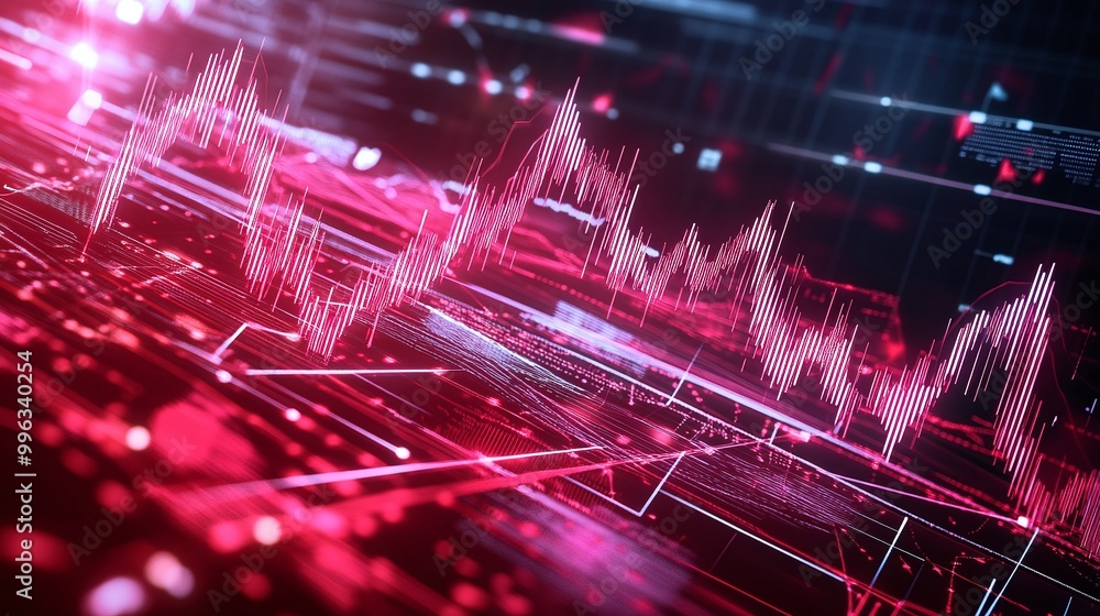 Poster abstract digital data visualization with vibrant red lines and graphs against a dark background.