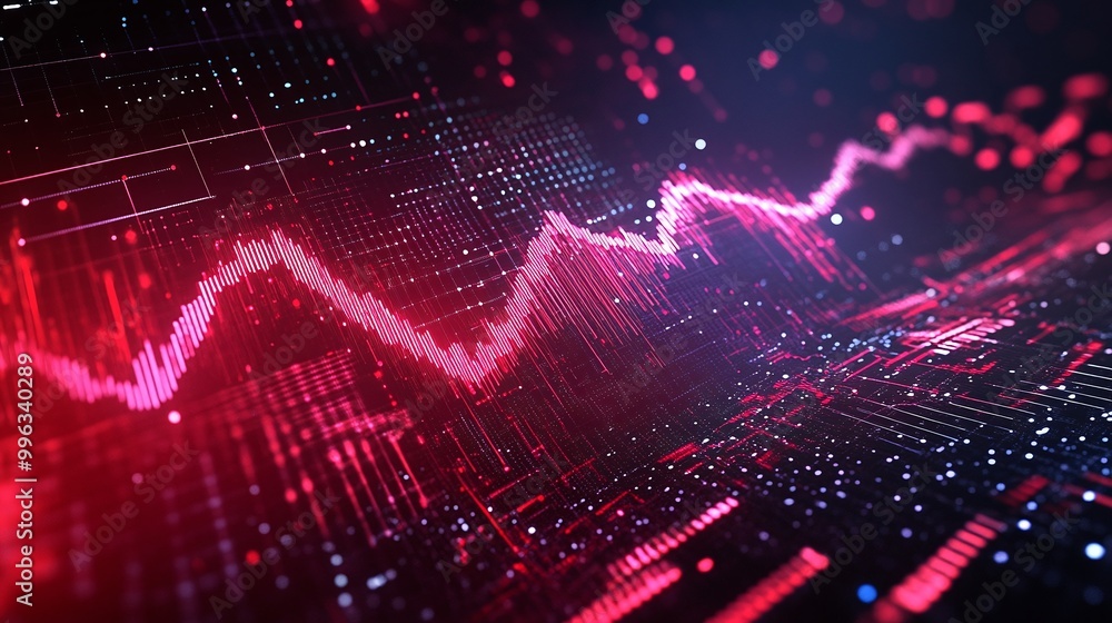 Poster abstract digital data visualization with vibrant red patterns and fluctuating lines against a dark b