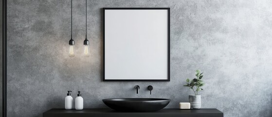 Fototapeta premium Modern bathroom elegance, sleek black basin, minimalist lighting, subtle gray textured walls, simple greenery accent.