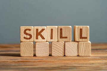 Skill Development Concept, wooden letter blocks forming the word skill on a wooden surface against a gray backdrop.