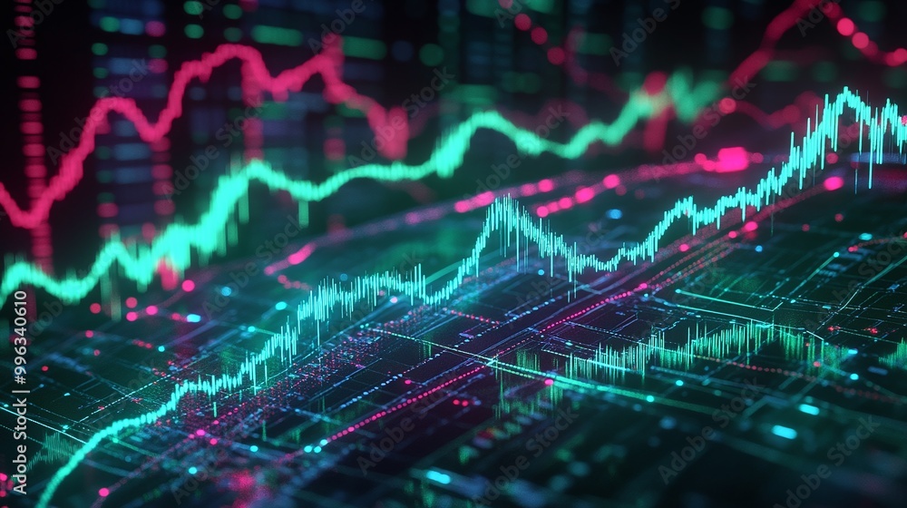Poster abstract digital data visualizations with vibrant graphs and charts illustrating market trends and f