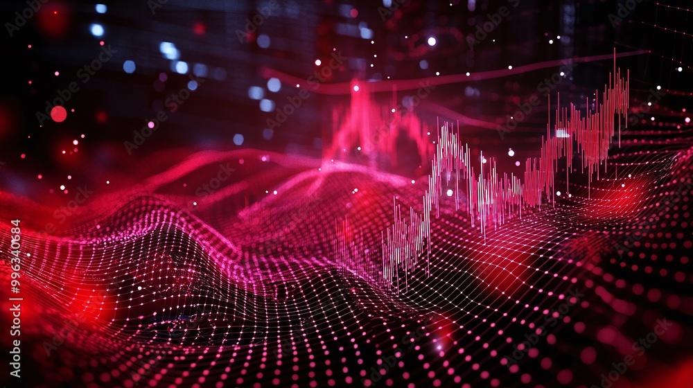 Poster abstract digital data waves with red and pink colors, representing analytics and modern technology.