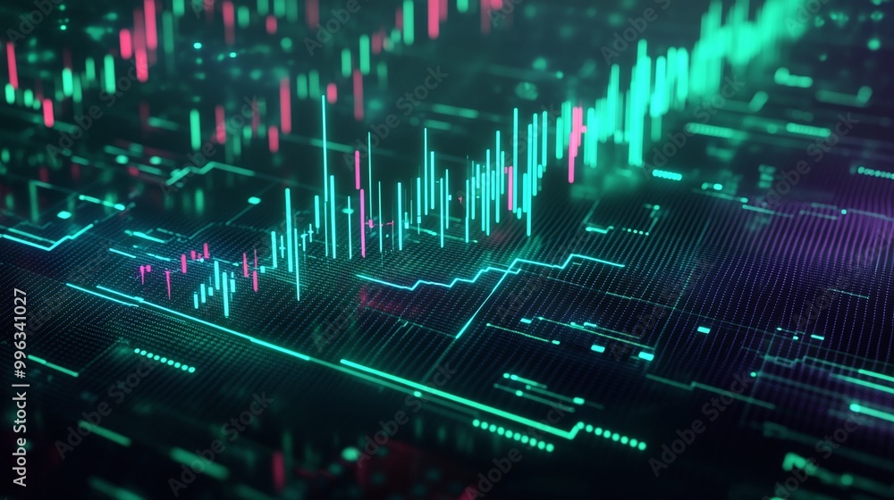 Poster abstract digital finance chart with glowing lines and data points on a dark background.