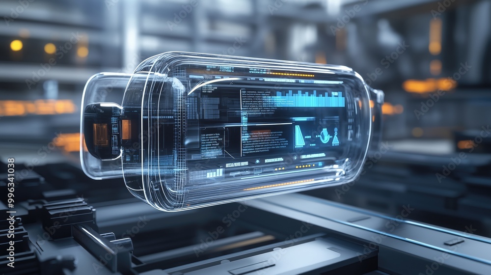 Poster a futuristic augmented reality device showcasing digital data and graphics in a high-tech environmen