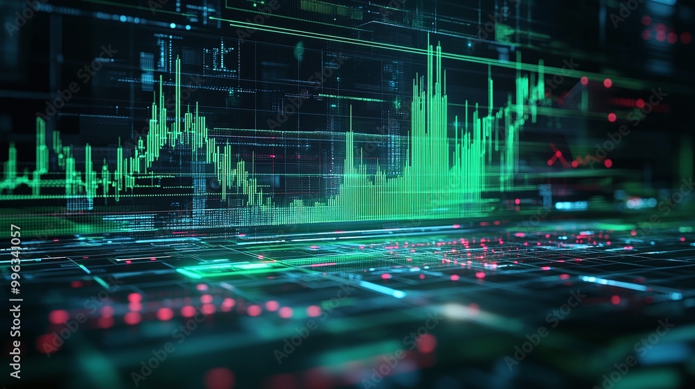Poster abstract digital finance chart with green data visualization on dark background, representing stock 