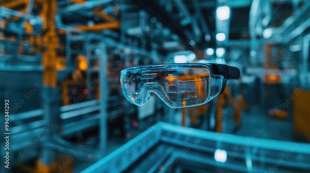 Poster a futuristic augmented reality device displayed in a high-tech manufacturing environment.