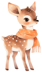 Watercolor dressed spotted deer animal isolated on transparent background, autumn illustration