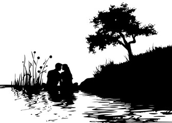 Romantic couple scene silhuoette