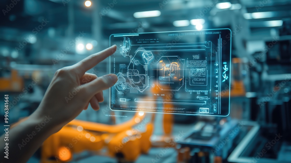 Poster a person using an augmented reality device to interact with futuristic technology in a modern worksp