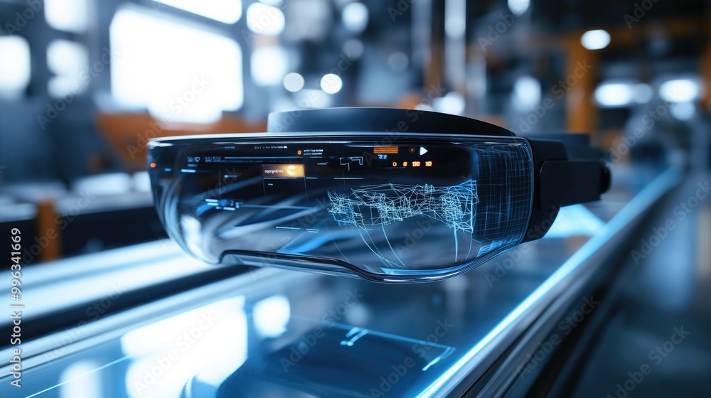 Poster a futuristic augmented reality device displayed on a sleek surface in a modern environment.