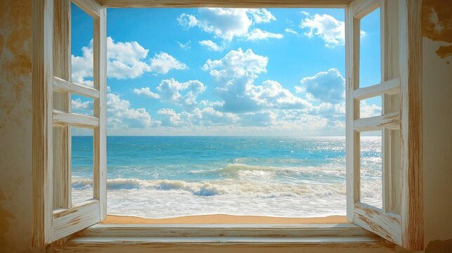 Fototapeta A stunning view of the sandy beach and ocean through an open window with blue skies and fluffy clouds.