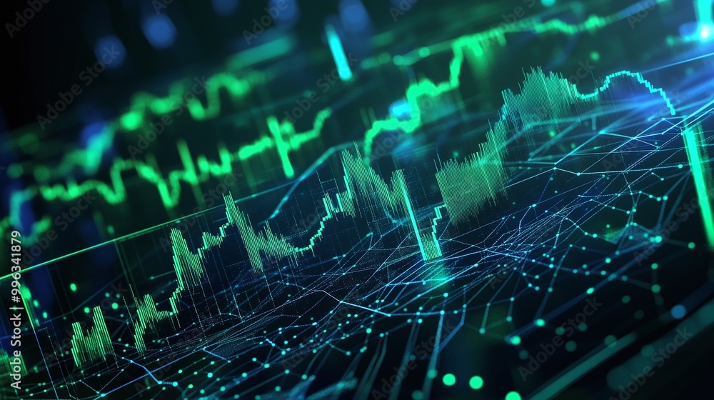 Poster abstract digital financial chart with colorful data visualization and line graphs.