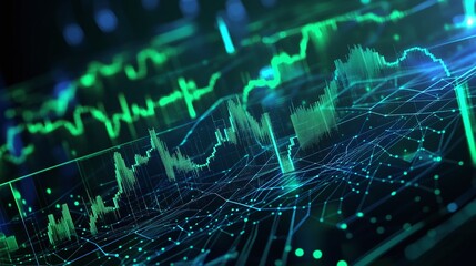 Abstract digital financial chart with colorful data visualization and line graphs.