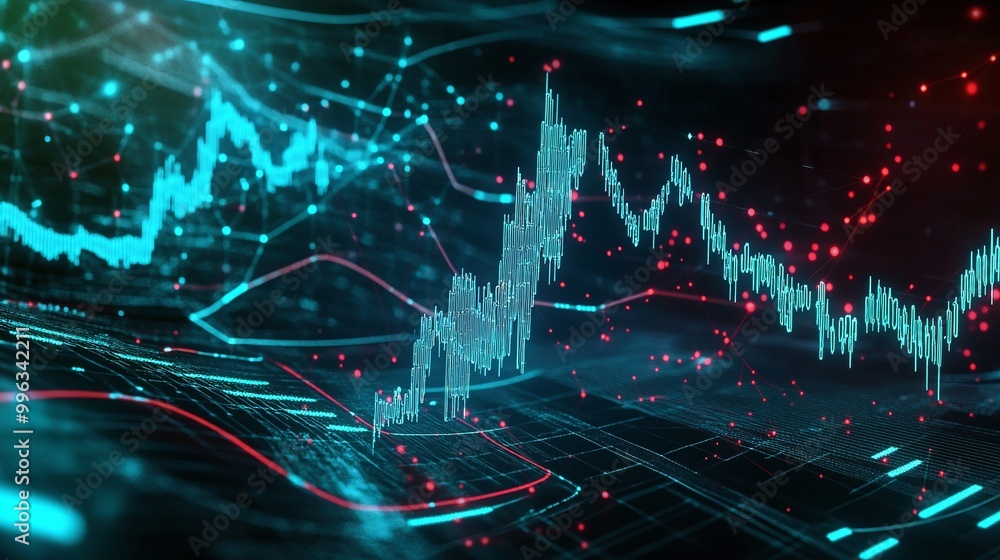 Poster abstract digital financial chart with glowing data visualization and analytics. showcasing upward tr