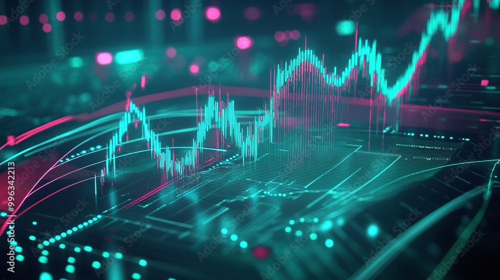 Poster abstract digital financial chart with glowing data insights and lines representing market trends in 