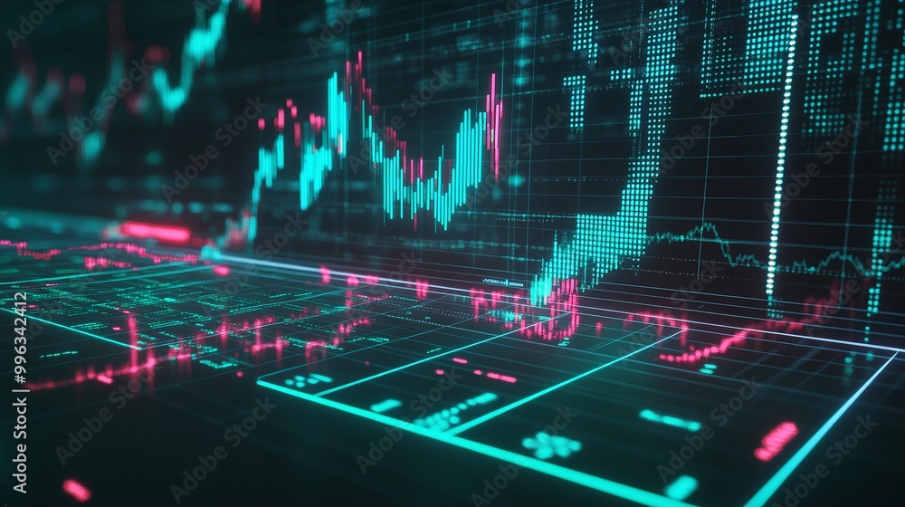 Poster abstract digital financial chart with glowing green and red graphs on a dark background.