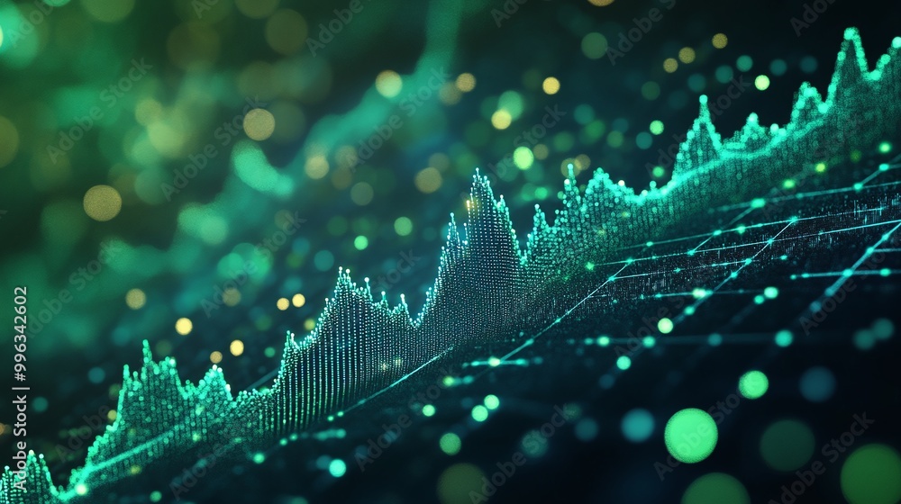 Poster abstract digital financial chart with glowing green lines and data points on a dark background.