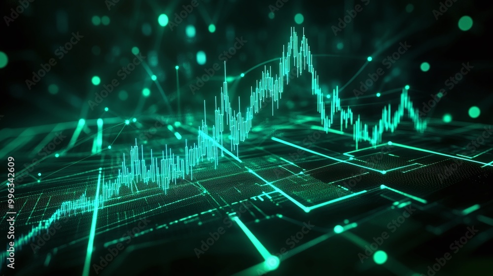 Poster abstract digital financial chart with glowing green lines and data points on a dark background.