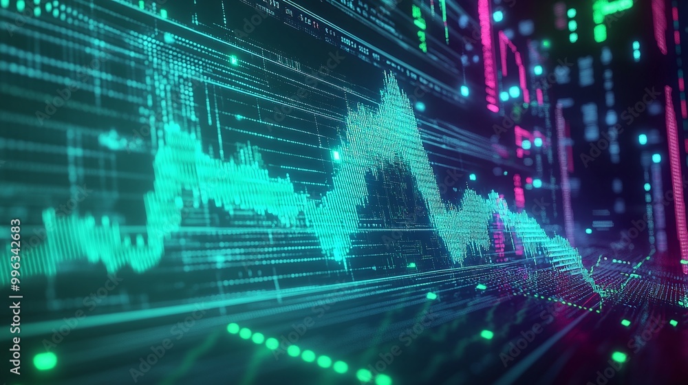 Poster abstract digital financial chart with glowing lines and data points on a dark background.