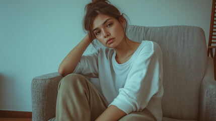 A despaired sad, depressed woman sitting on a chair alone in a house. despair hopelessness, desperate, broken heart concepts.	