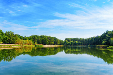 Panoramic View of Lake with Lush Trees and Reflective Waters