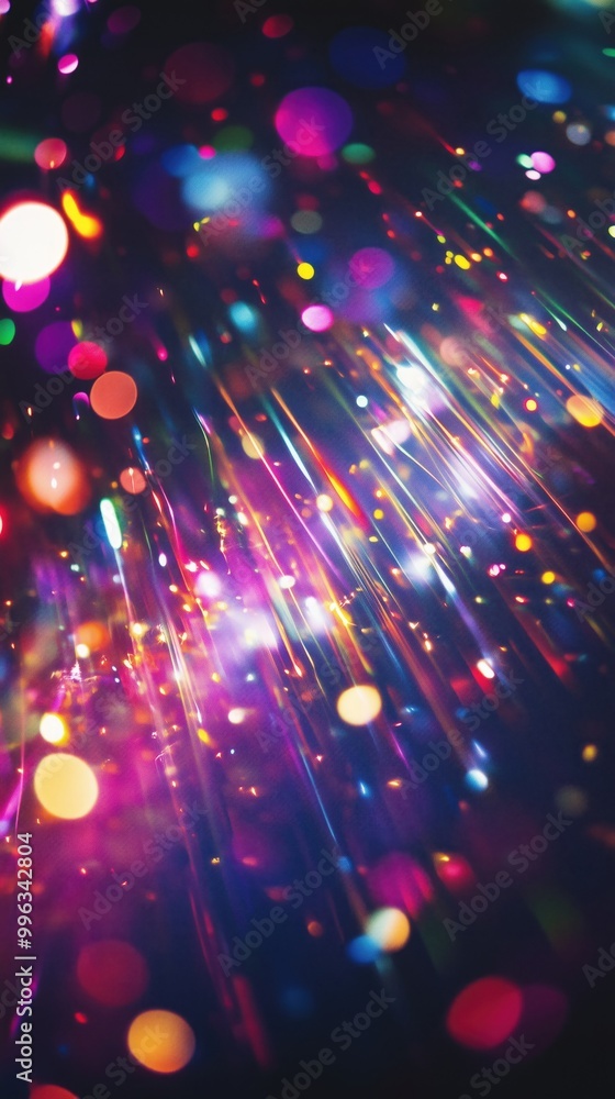 Poster a vibrant background featuring colorful, chaotic projector lights creating a dynamic visual effect.