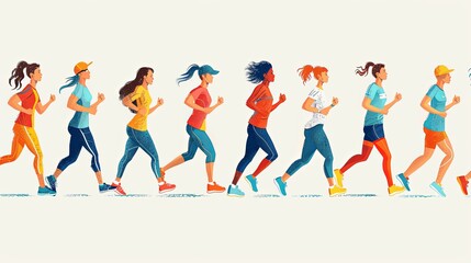 Running people. Cartoon flat style. Cute characters. Sport, jogging, rush, race, ambition, success aspiration, marathon concept. Hand drawn Vector illustration. Square seamless Pattern, background