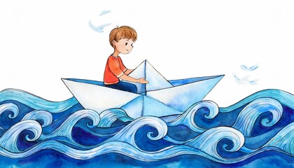 girl and boy sitting on a folded boat and sailing over the blue sea, child's drawing, nersery art