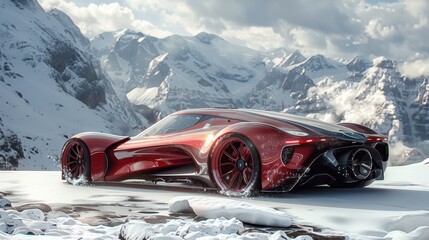 Futuristic modern luxury sports car with custom tuning in the snowy mountains