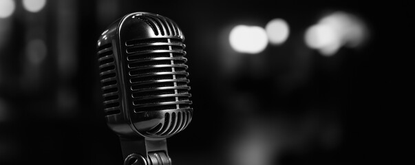 A close-up of a vintage microphone with a sleek design against a blurred background.