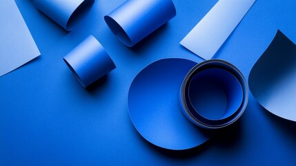 A 3D render of an abstract blue background with scrolled paper sheets, a modern minimalist background