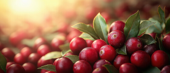 Obraz premium Cranberries and green leaves on beige background.