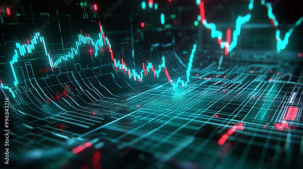 Poster abstract digital financial chart with glowing lines and indicators, representing data analysis and m