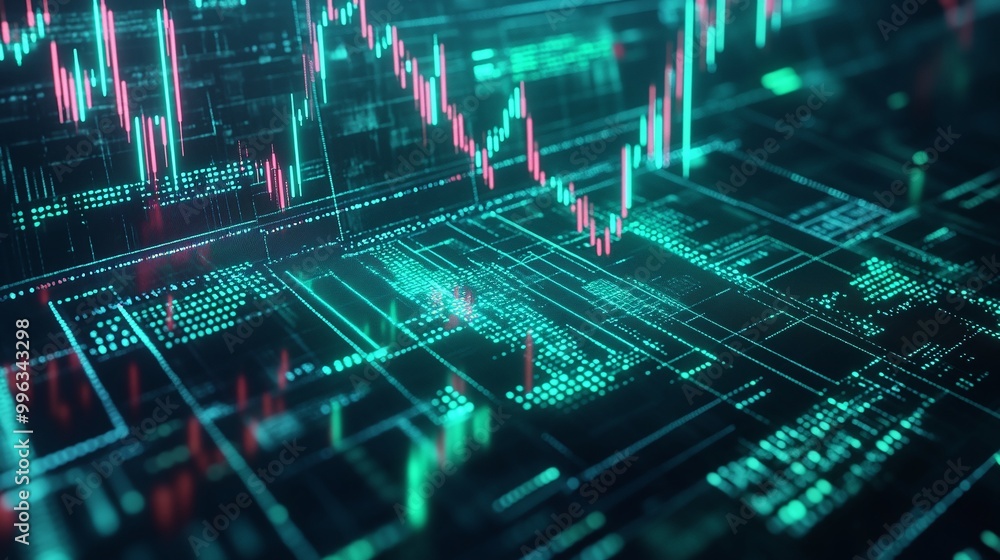 Poster abstract digital financial chart with glowing numbers and lines on a dark background, representing d