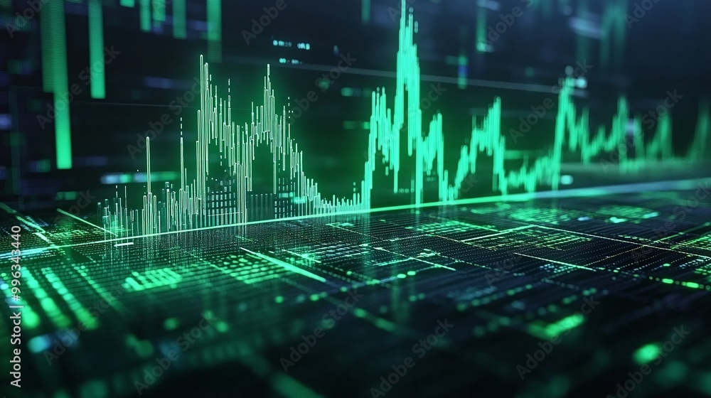 Poster abstract digital financial chart with green data visualization over dark background.