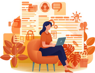 Woman Laptop Remote Working Internet Cartoon