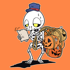 たくさんのカボチャを運ぶガイコツの配達員のフルカラーイラスト