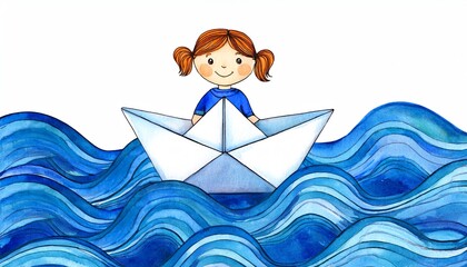 girl and boy sitting on a folded boat and sailing over the blue sea, child's drawing, nersery art